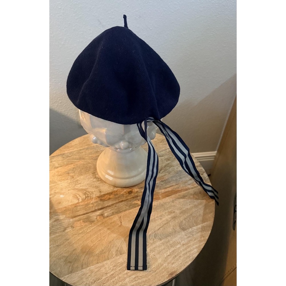 Custom Made Beret Women OS Navy Blue Excellent Italy Cotton Striped Ribbon Bow - Picture 5 of 8